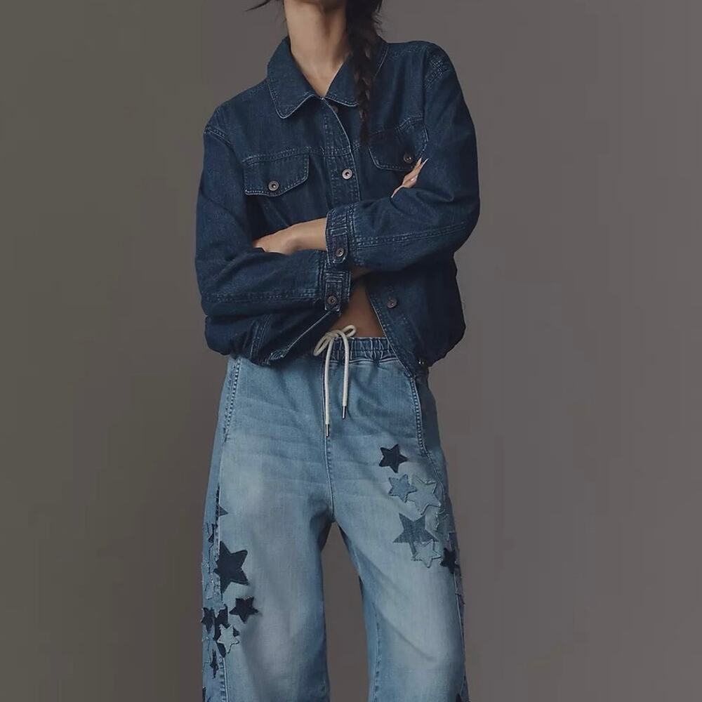 Anthropologie Pilcro Denim Bubble Hem Oversized Trucker Jacket Size XXS